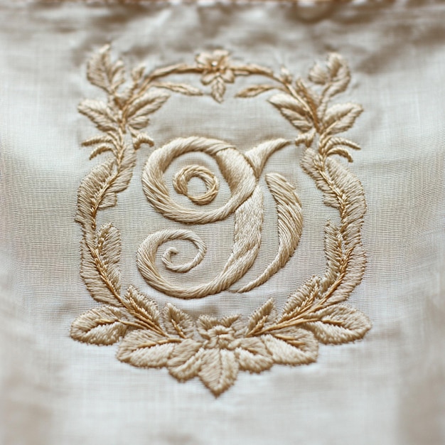 haftowany monogram na lnianej tkaninie